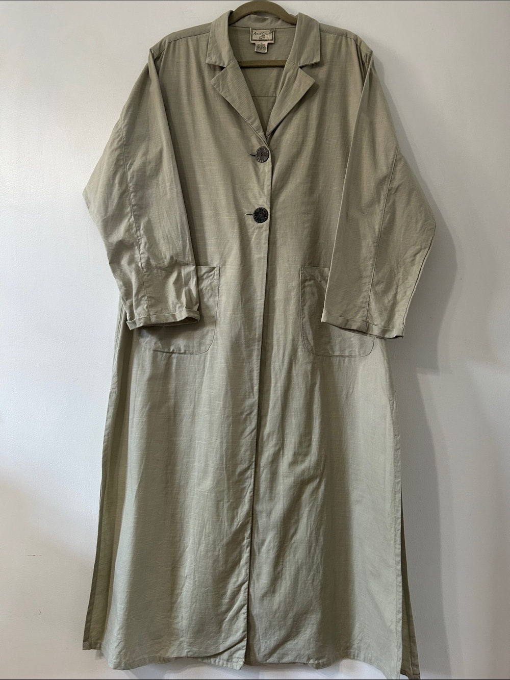 Vintage April Cornell Maxi Length Duster Sage Green Button-Front Trench Coat XL